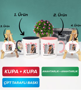 İkili Siyah Pembe Sevgiliye Sevgililer Günü Hediyesi 12 Kupa Bardak Anahtarlık
