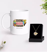 BK Gift Kişiye Özel Sosyal Bilgiler Öğretmeni Beyaz Kupa ve Papatya Kolye Hediye Seti-3 (Model 1)
