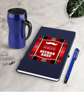 BK Gift Kişiye Özel Dünyanın En İyi Babası Lacivert Defter Kalem Termos Mug Seti-4 (Model 1)