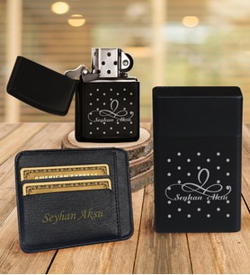 BK Gift Kişiye Özel İsimli Kartlık Siyah Metal Sigara Tabakası Benzinli Çakmak Seti - 4
