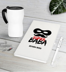 BK Gift Kişiye Özel Süper Baba Beyaz Defter Kalem Termos Mug Seti-4 (Model 1)