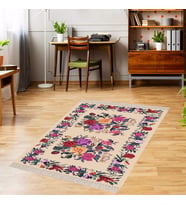 Otantik Gül Desenli Etnik Dijital Baskı Kaymaz Taban Yıkanabilir Modern Salon Halı ve Yolluk (Bej)