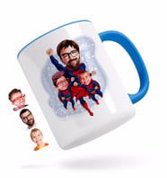 BK Gift Kişiye Özel Süper Baba ve 2 Çocuk Karikatürlü Mavi Kupa Bardak