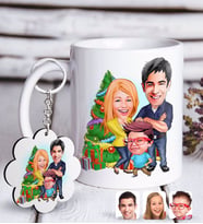 BK Gift Kişiye Özel Yeni Yıl Aile Karikatürlü Beyaz Kupa ve Anahtarlık Hediye Seti-3 (Model 1)