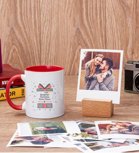 Sevgililer Günü Hediyesi Kırmızı Kupa Bardak ve Ahşap Standlı Polaroid Set