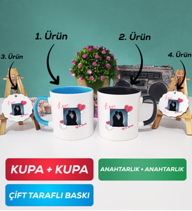 İkili Mavi Siyah Sevgiliye Sevgililer Günü Hediyesi 7 Kupa Bardak Anahtarlık