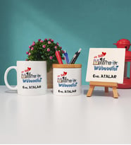 Mesajlı Matematik Mühendisi Tasarımlı Kişiye Özel Matematik Mühendisi Kupa Bardak Kalemlik ve Dekoratif Taş Baskı Hediye Seti