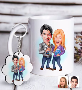 BK Gift Kişiye Özel Sevgililer Karikatürlü Beyaz Kupa ve Anahtarlık Hediye Seti-50 (Model 1)
