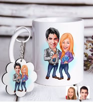 BK Gift Kişiye Özel Sevgililer Karikatürlü Beyaz Kupa ve Anahtarlık Hediye Seti-50 (Model 1)