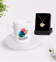 BK Gift Kişiye Özel En İyi Öğretmen Türk Kahvesi Fincanı ve İsimli Papatya Kolye Hediye Seti-3 (Model 1)