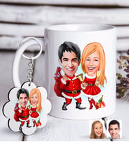 BK Gift Kişiye Özel Yeni Yıl Sevgililer Karikatürlü Beyaz Kupa ve Anahtarlık Hediye Seti-3 (Model 1)