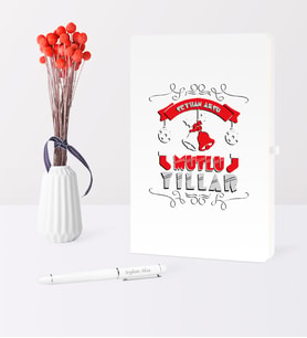 BK Gift Kişiye Özel Yılbaşı Mutlu Yıllar Temalı Beyaz Defter Kalem Seti - 7