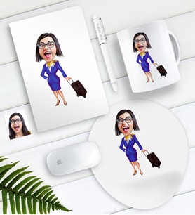 BK Gift Kişiye Özel Uçuş Görevlisi Hostes Karikatürlü Defter Kalem Kupa Mouse Pad Seti-2 (Model 1)