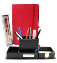 Kişiye Özel Kırmızı Defter & Gold Detaylı Roller Kalem & Masaüstü Kalemlik Hediye Seti (Model 1)