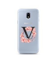 Pembe Çiçekli Harf Tasarım Süper Şeffaf Silikon Telefon Kılıfı Samsung J3 Pro V-