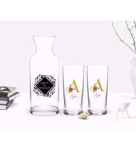 BK Gift Kişiye Özel Renkli Baskılı Harf ve İsim Tasarımlı İkili Rakı Bardağı ve Karaf Hediye Seti-1 (Model 1)