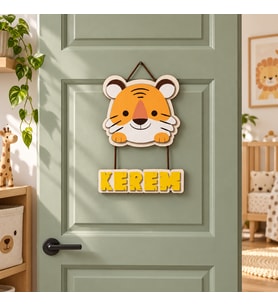 İsme Özel Bebek Odası Ahşap Kapı Süsü - Aslan Figürlü
