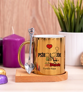 Psikolojik Danışman Ahşap Altlıklı Gold Kupa Bardak