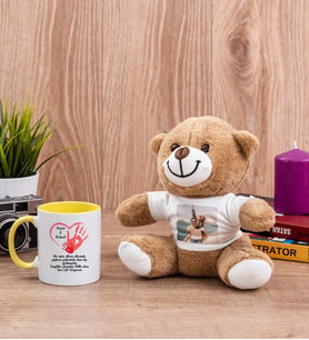 Sevgililer Günü Hediyesi Mesajlı Sarı Kupa Bardak ve Peluş Ayıcık