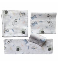 Çok Amaçlı Müslin Örtü 100x80cm + 2 Mendil 2 Omuz Bezi Yenidoğan Bebek Set Toplam 5 Parça Mutlu Hayvanlar %100 Pamuk Oeko-Tex Sertifikalı