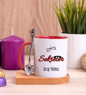 Sekreter Ahşap Altlıklı Kırmızı Kupa Bardak