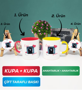 İkili Kırmızı Sarı Sevgiliye Sevgililer Günü Hediyesi 7 Kupa Bardak Anahtarlık