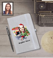 Kişiye Özel Yılbaşı Bayan Karikatürlü Gri Defter Kalem Hediye Seti Model-1