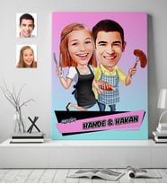 BK Gift Kişiye Özel Aşçı Çift Karikatür Kanvas Tablo 70x100cm 1