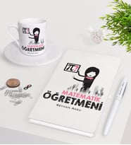 BK Gift Kişiye Özel Matematik Öğretmeni Beyaz Defter Kalem Türk Kahvesi Fincanı Seti-1 (Model 1)