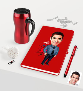 BK Gift Kişiye Özel Bay Polis Karikatürlü Kırmızı Defter Kalem Termos Mug Seti - 3 (Model 1)