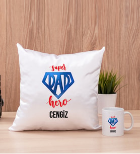Super Dad Babaya Hediye Kare Yastık ve Beyaz Kupa Bardak