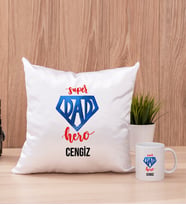 Super Dad Babaya Hediye Kare Yastık ve Beyaz Kupa Bardak