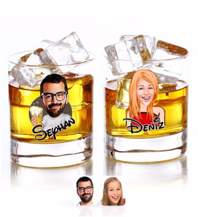 BK Gift Kişiye Özel Renkli Baskılı Erkek ve Kadın Karikatürlü İkili Viski Bardağı-4 (Beyaz)