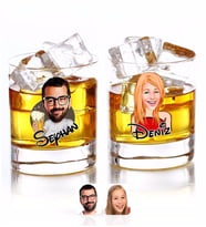BK Gift Kişiye Özel Renkli Baskılı Erkek ve Kadın Karikatürlü İkili Viski Bardağı-4 (Beyaz)
