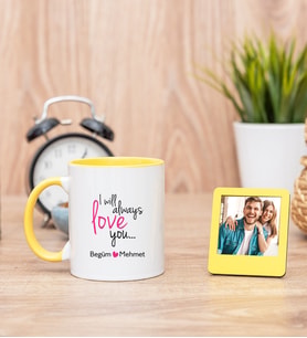 Sevgililere Özel Baskılı Sarı Kupa Bardak ve Sarı Mini Fotoğraf Çerçevesi
