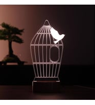 Kuş Kafesi Led Masa Lambası Hediye Gece Lambası Ahşap Taban 7 Farklı Işık Renkli