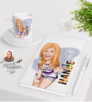 BK Gift Kişiye Özel Bayan Karikatürlü Beyaz Defter Kalem Türk Kahvesi Fincanı Seti-36 (Model 1)