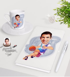 BK Gift Kişiye Özel Erkek Basketbolcu Karikatürlü Beyaz Defter Kalem Türk Kahvesi Fincanı Seti-2 (Model 1)