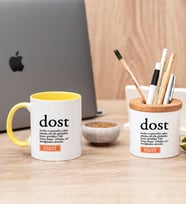 Dost Kelime Anlamı Sarı Kupa Bardak Ve Kalemlik Hediye Seti