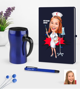 BK Gift Kişiye Özel Hemşire Karikatürlü Lacivert Defter Kalem Termos Mug Seti - 2 (Model 1)