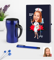 BK Gift Kişiye Özel Hemşire Karikatürlü Lacivert Defter Kalem Termos Mug Seti - 2 (Model 1)