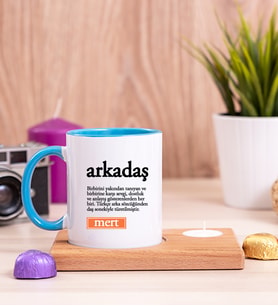 Arkadaş Kelime Anlamı Ahşap Altlıklı Mumlu Mavi Kupa Bardak