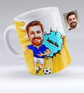BK Gift Kişiye Özel Sarı Lacivert Futbolcu Karikatürlü Beyaz Kupa Bardak  2