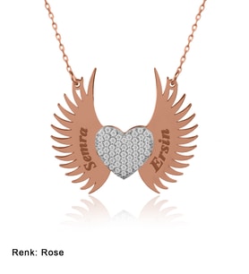 İsimli Kişiye Özel Melek Kanadı Rose Gümüş Kolye