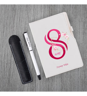 Kişiye Özel 8 Mart Dünya Kadınlar Günü Beyaz Defter Beyaz Roller Kalem