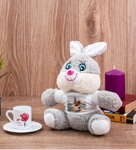 Sevgililere Özel Balon Tasarım Türk Kahvesi Fincanı ve Peluş Tavşan