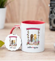 Best Friends Salıncak Tasarım Kırmızı Kupa Bardak ve Anahtarlık Set