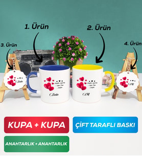 İkili Lacivert Sarı Sevgililer Günü Hediyesi Kupa Bardak Anahtarlık