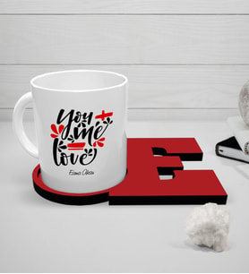 BK Gift Kişiye Özel Sevgili Temalı Beyaz Kupa ve Harfli Bardak Altlığı Seti - 79