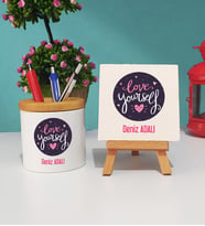 Love Yourself Tasarımlı Kişiye Özel Hediye Kalemlik ve Dekoratif Taş Baskı Seti